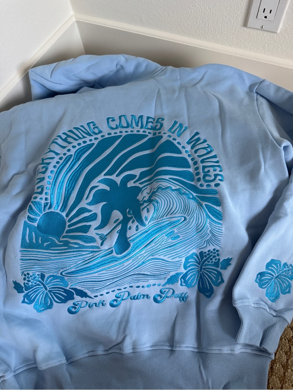 Pink Palm Puff Light Blue Graphic Hoodie - Picture 3 of 4